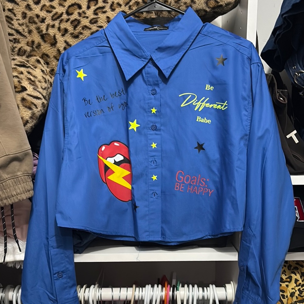 Blue Graphic Button-Up Shirt